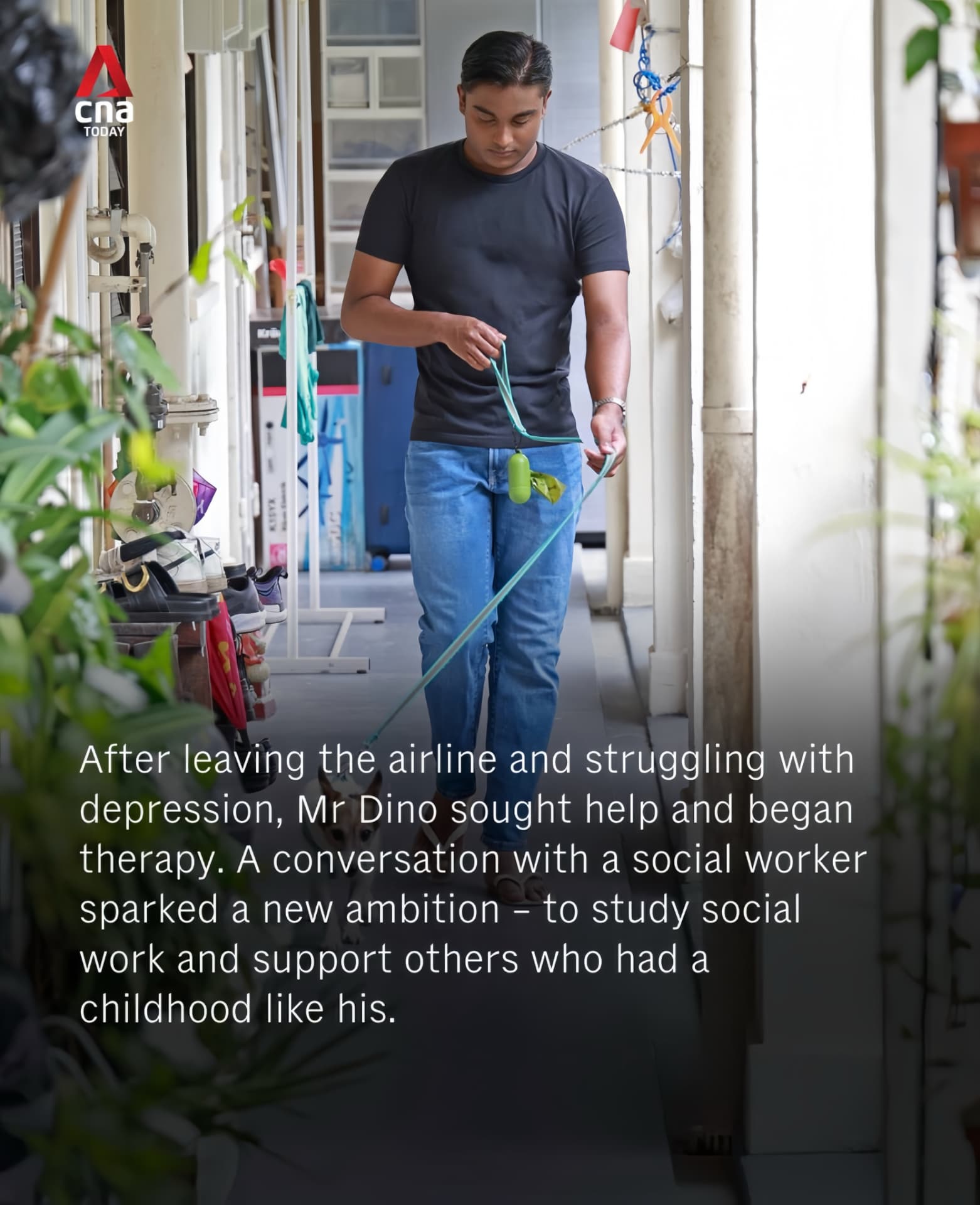 Dino walking his dog along an HDB corridor