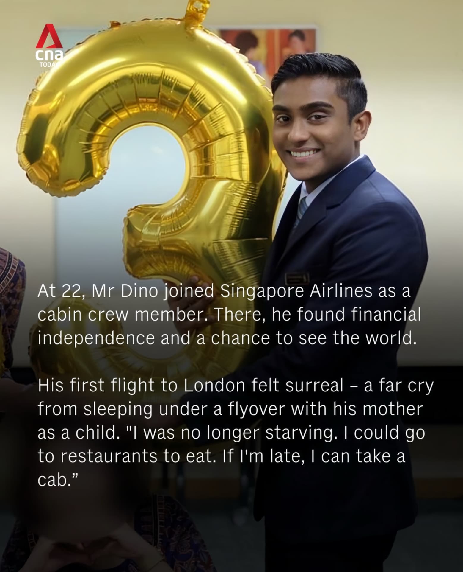 Dino in Singapore Airlines uniform holding a gold balloon